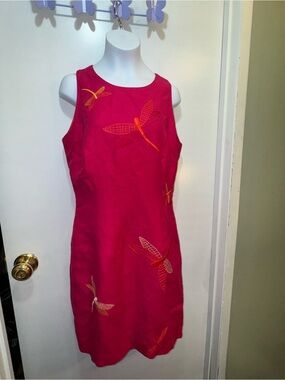 Talbots Hot Pink Sleeveless Shift Dress with Orange Dragonfly Embroidery